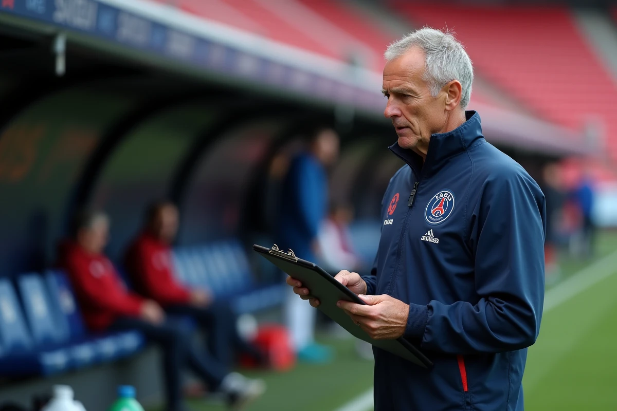 Staff technique du PSG en bord de terrain analysant la tactique lors d'un match en 2026