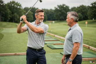 Débutant en golf recevant des conseils d'un instructeur sur un practice de golf lors d'un stage d'initiation