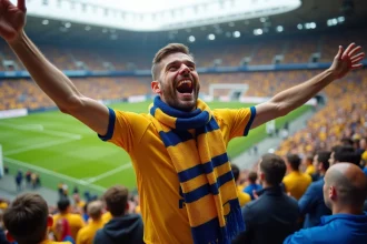 Supporter de l'ASM CyberVulcans Clermont célébrant dans les tribunes du stade avec écharpe jaune et bleue