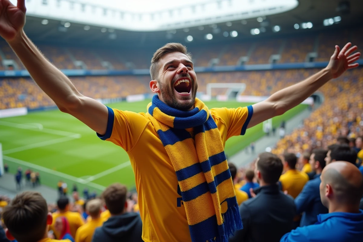 Supporter de l'ASM CyberVulcans Clermont célébrant dans les tribunes du stade avec écharpe jaune et bleue