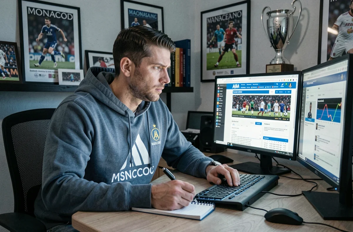 Supporter de l'AS Monaco prenant des notes depuis le forum ASM foot sur son ordinateur dans son bureau sportif à domicile