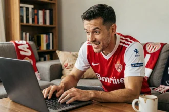 Supporter de l'AS Monaco en maillot rouge et blanc consultant le forum ASM foot sur son ordinateur portable dans son salon