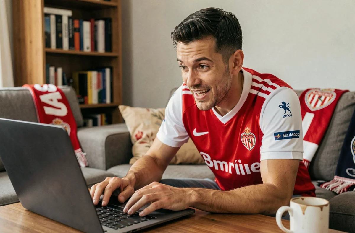 Supporter de l'AS Monaco en maillot rouge et blanc consultant le forum ASM foot sur son ordinateur portable dans son salon