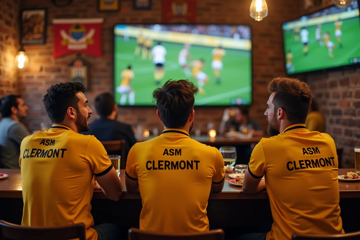 Groupe de supporters de l'ASM Clermont en maillot jaune regardant un match dans une brasserie française