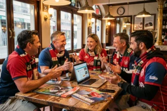 Supporters de rugby en discussion animée autour d'une table de brasserie française, entourés de magazines et d'un forum en ligne ouvert sur un ordinateur portable