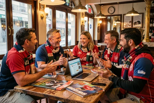 Supporters de rugby en discussion animée autour d'une table de brasserie française, entourés de magazines et d'un forum en ligne ouvert sur un ordinateur portable