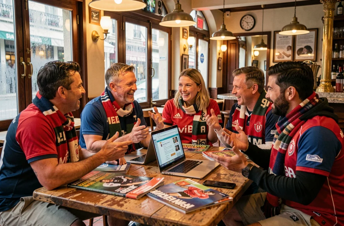 Supporters de rugby en discussion animée autour d'une table de brasserie française, entourés de magazines et d'un forum en ligne ouvert sur un ordinateur portable