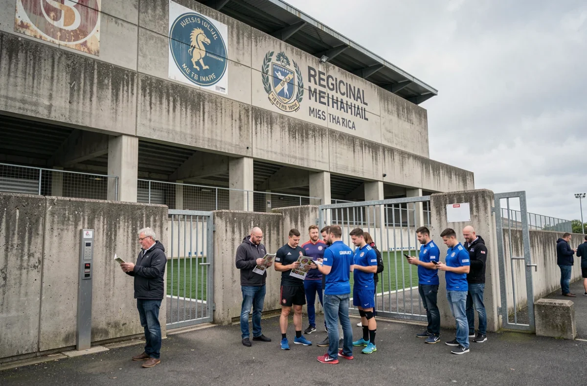 Supporters de rugby consultant leur téléphone devant l'entrée d'un stade régional français lors d'un jour de match, échangeant leurs avis sur un forum en ligne