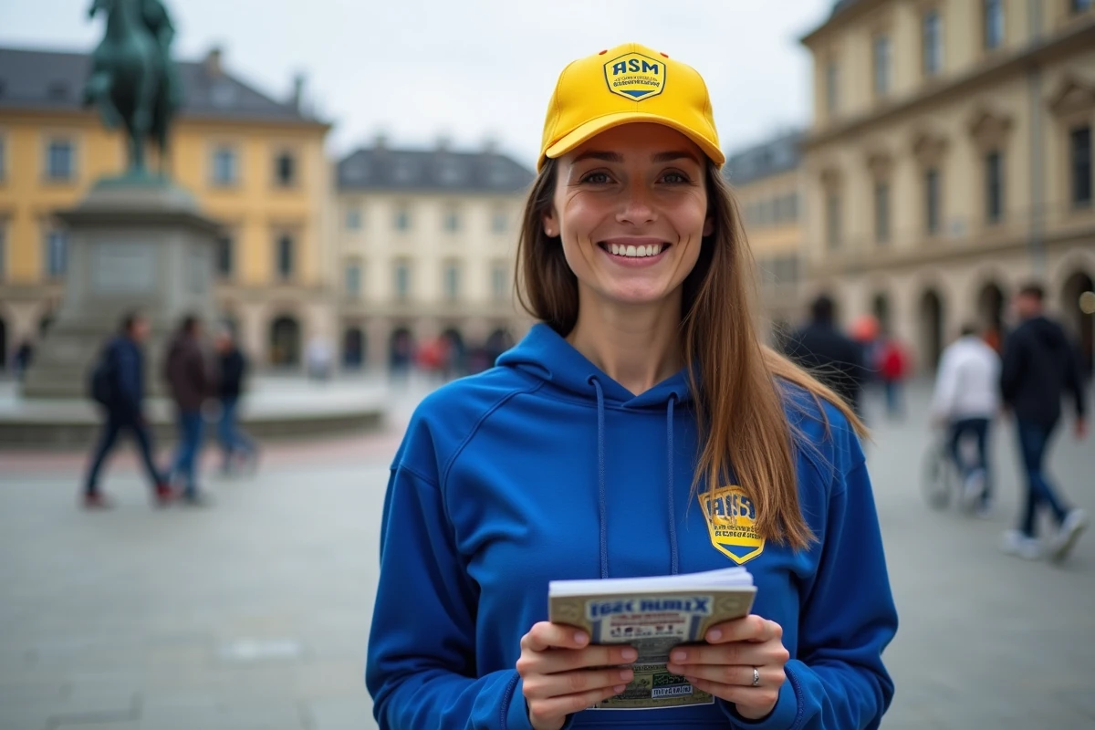Supportrice de l'ASM CyberVulcans avec guide supporter place de Jaude à Clermont-Ferrand