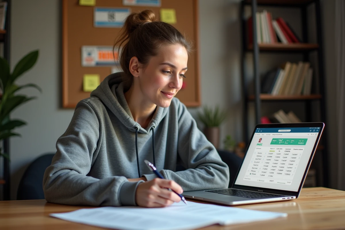 Athlète féminine analysant un tableau de conversion vitesse min/km en km/h sur laptop et papier