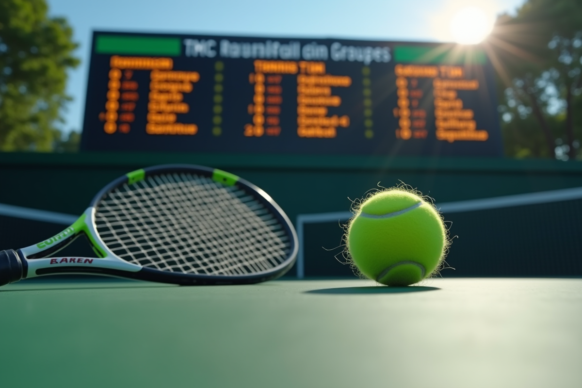 Tableau de score de tennis avec raquette et balle en premier plan