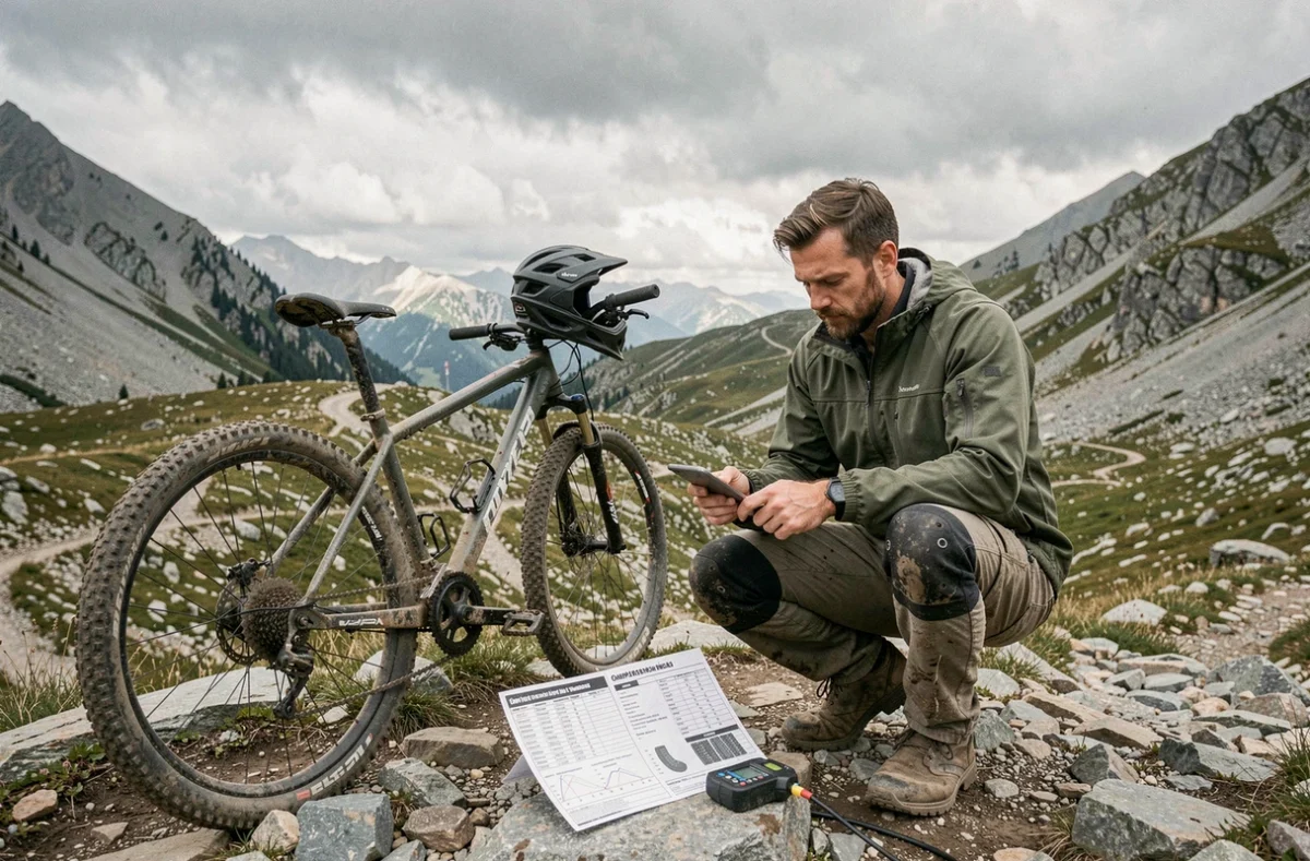 Vététiste consultant un tableau de pression pneu VTT 26 pouces lors d'une randonnée en haute montagne