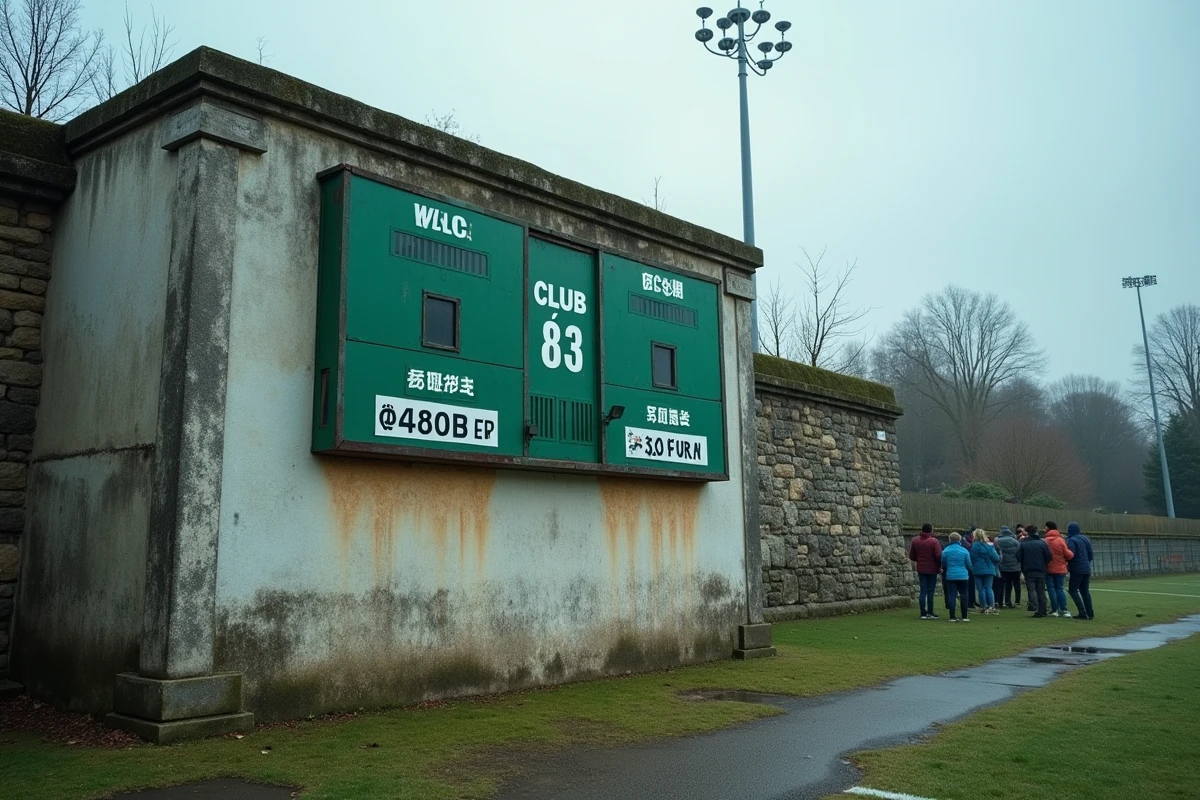 Tableau de score d'un match de rugby Fédérale 2 dans un stade régional français en fin d'après-midi