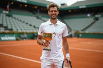 Jeune joueur de tennis homme avec trophée Roland Garros