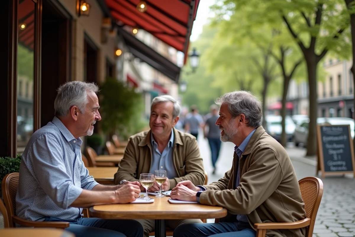 Trois personnes discutant dans un café parisien convivial