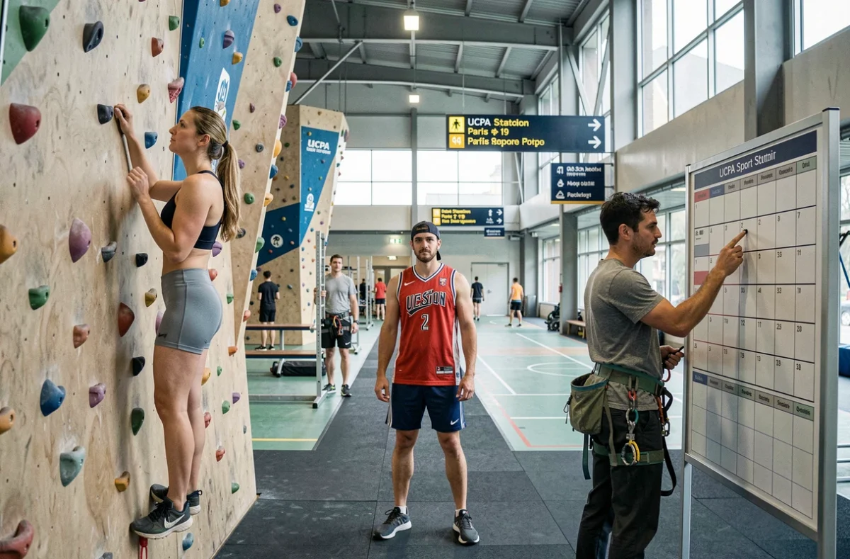 Groupe de sportifs dans le complexe multisport UCPA Sport Station Paris 19, avec section escalade visible en arrière-plan