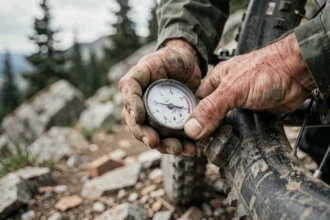 Mains d'un vététiste vérifiant la pression d'un pneu 26 pouces avec un manomètre sur sentier de montagne