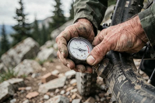 Mains d'un vététiste vérifiant la pression d'un pneu 26 pouces avec un manomètre sur sentier de montagne