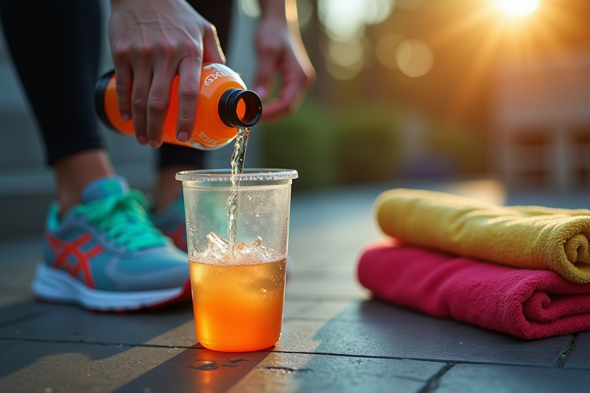 Main versant une boisson électrolyte dans un shaker avec des baskets colorées