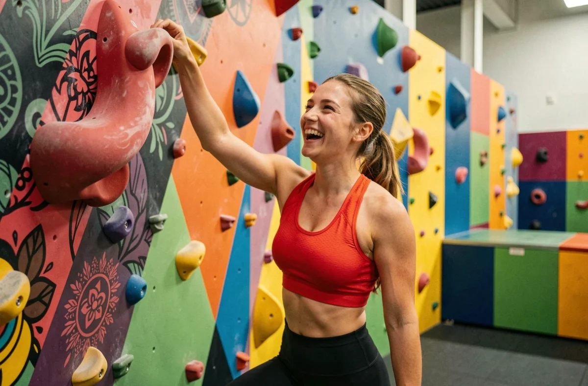 Grimpeuse souriante sur un mur ludique et coloré de la nouvelle salle Vertical World à Montparnasse