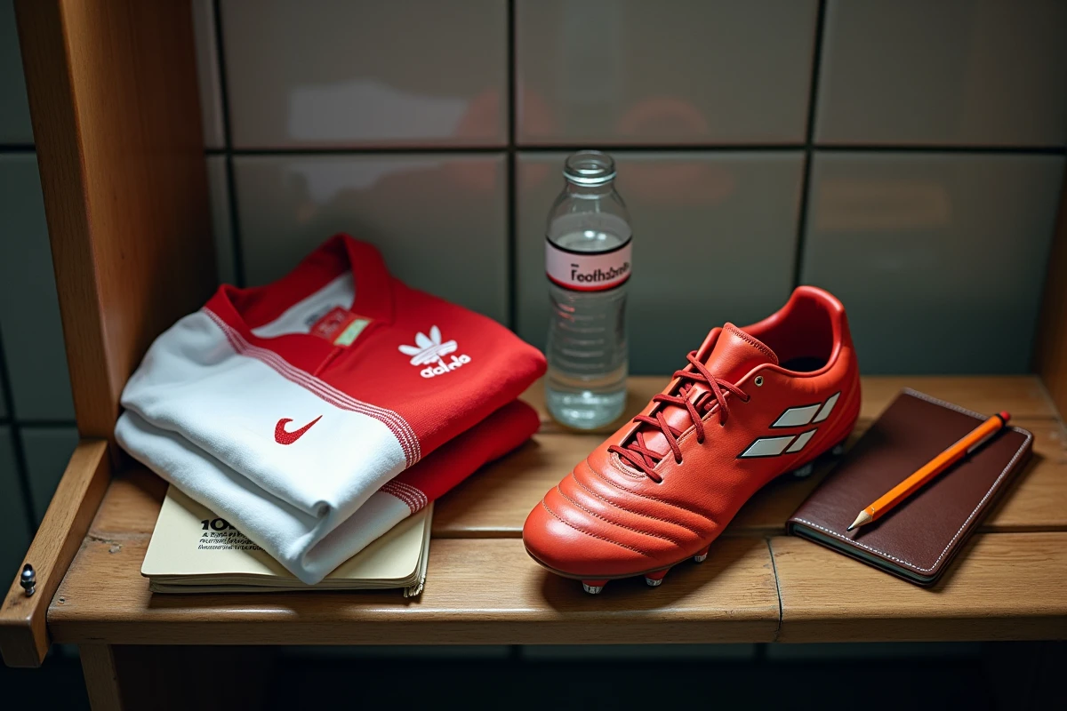Crampons de football usés, maillot plié et carnet de notes sur un banc de vestiaire de club professionnel, symbolisant la préparation méticuleuse et l'art du football à la Bergkamp