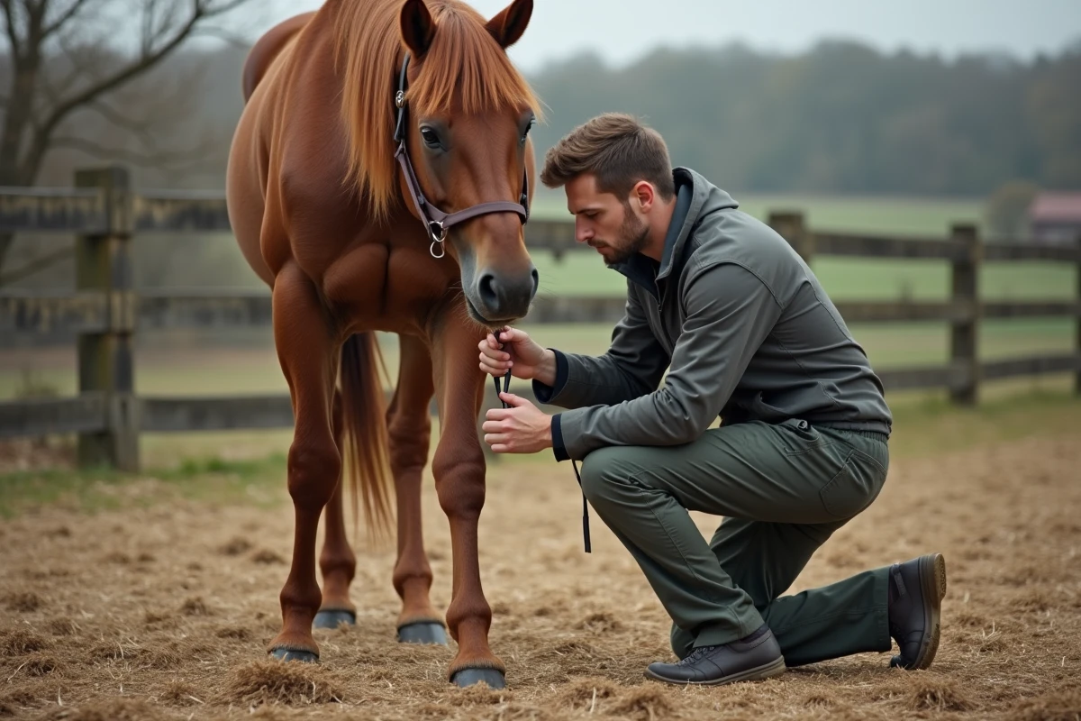 Vétérinaire examinant un cheval dans un paddock rural