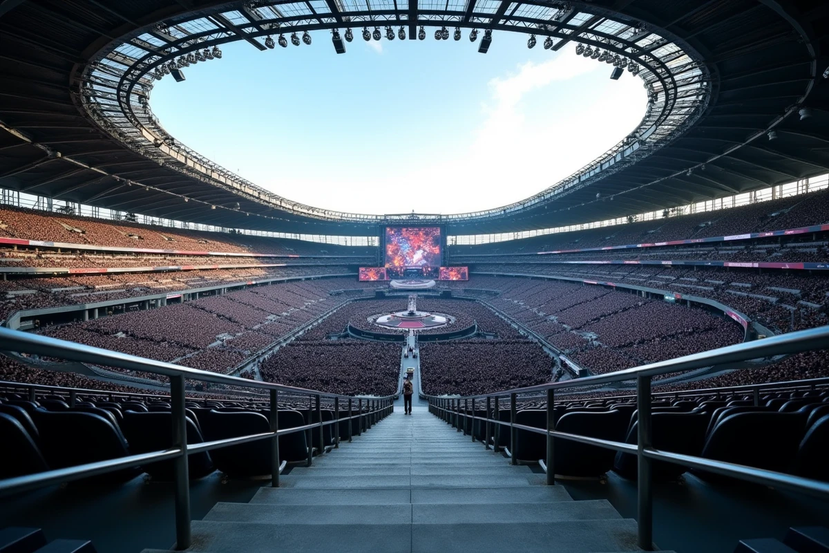 Vue panoramique de l'intérieur du Stade de France depuis les tribunes supérieures lors d'un grand concert, fosse et scène visibles