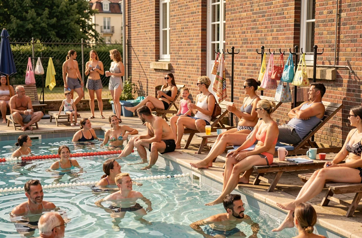 Scène animée de week-end à la piscine de la Butte aux Cailles avec familles et nageurs au bord du bassin